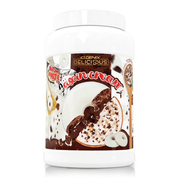 Casein Cream presentación de con toppings suplemento de caseina hecho por IO.Genix
