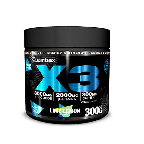 X3 bote de 300g de Quamtrax dentro de Pre entreno