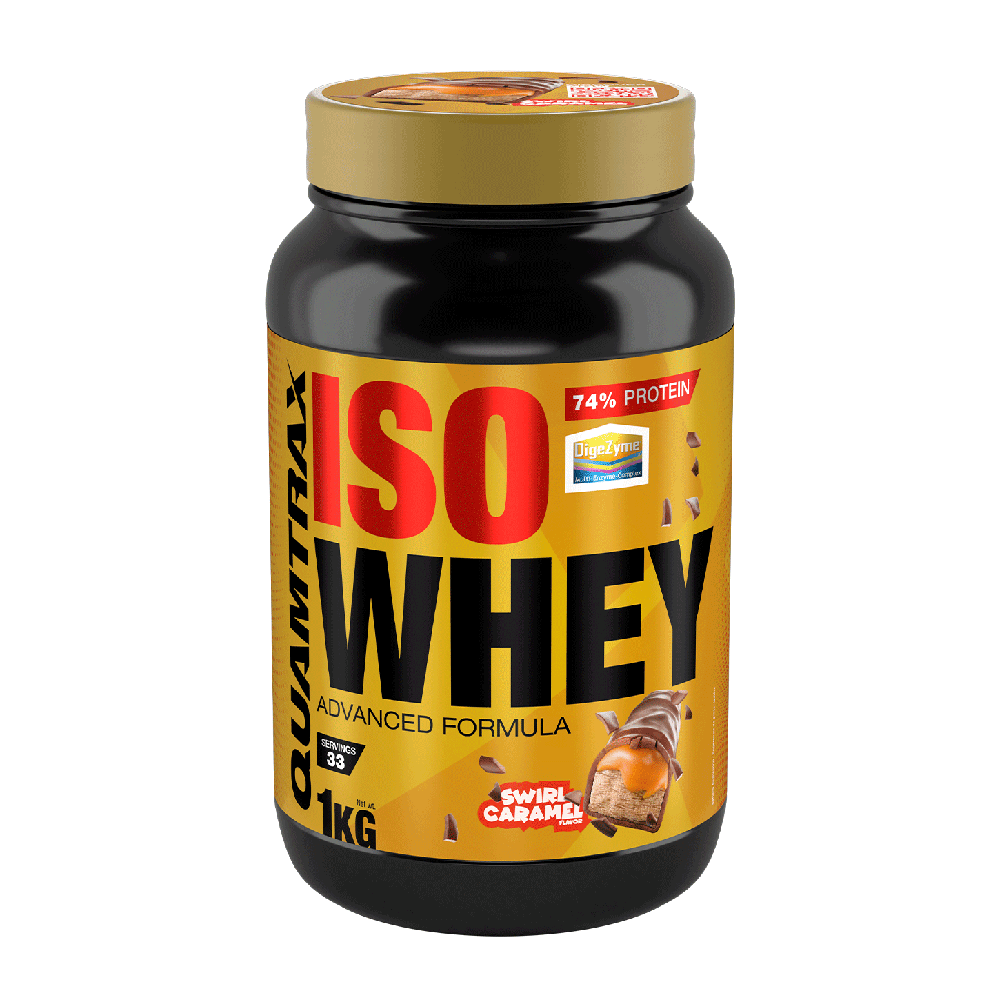 IsoWhey envase de 1kg de Quamtrax suplemento de la sección proteína de aislado de suero isolate